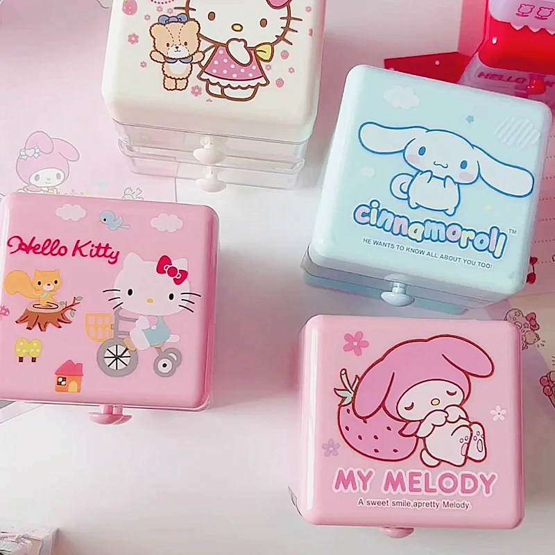 Sanrio Mini Organizer Cartoon Hello Kitty Cinnamoroll Melody Double Layer Stickers Stationery Desktop Organizer Box Gifts