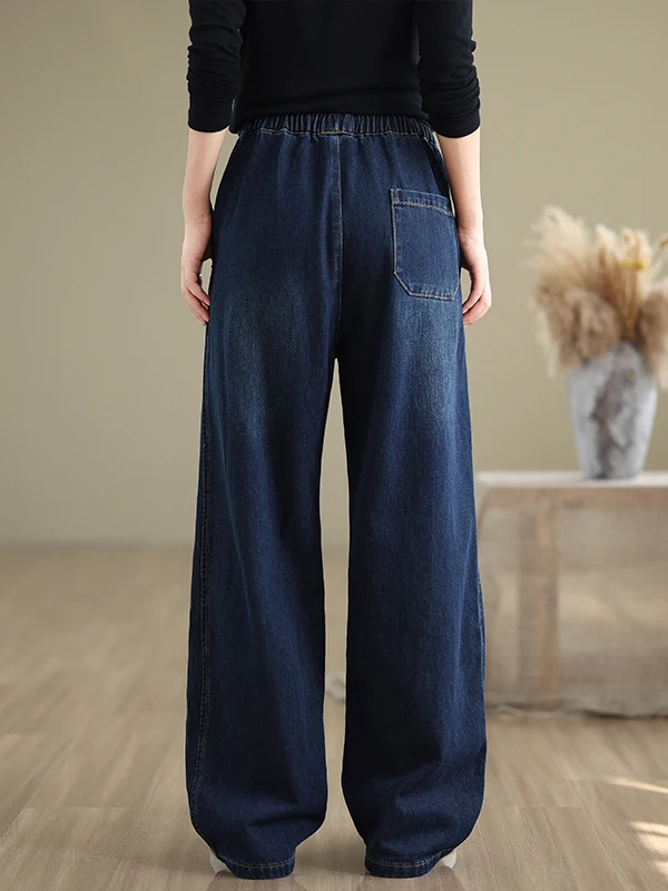 

Retro plus Size Casual Elastic Waist Jeans Women's Spring New Loose Versatile Straight Leg Wide Leg Pants Slimming Long Trousers