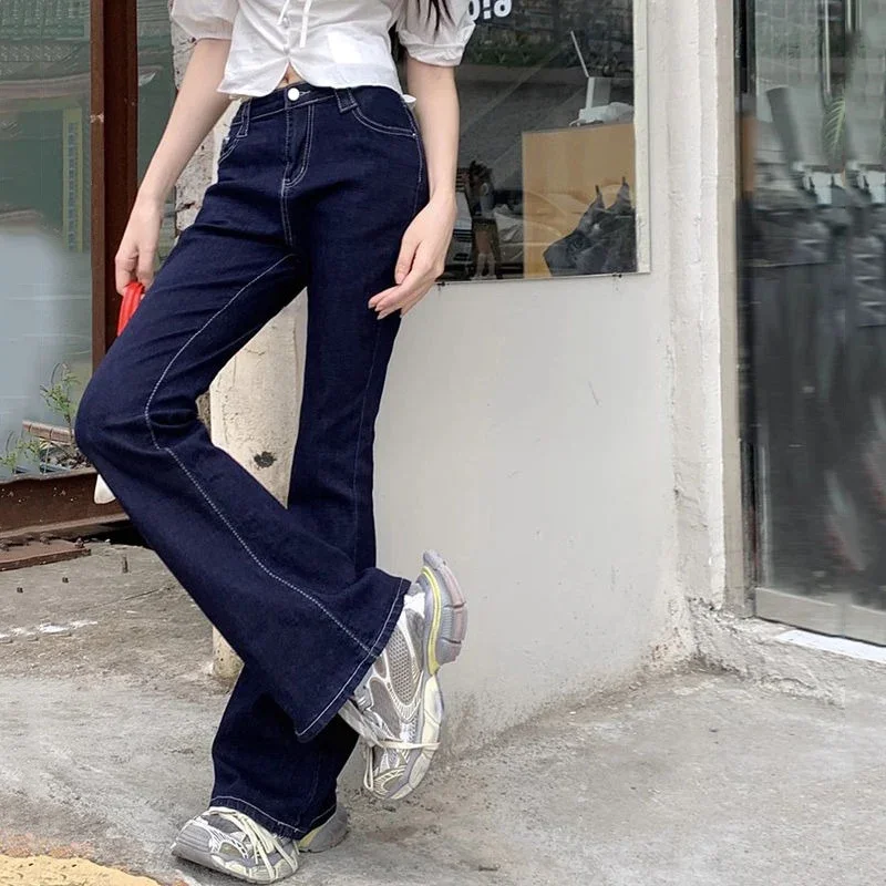 2025 Spring Female Korean Wash Dark-Blue Flare Jeans Lady Chic Designer Bell Bottom Pants Girls Vintage Slim Fit Denim Trousers