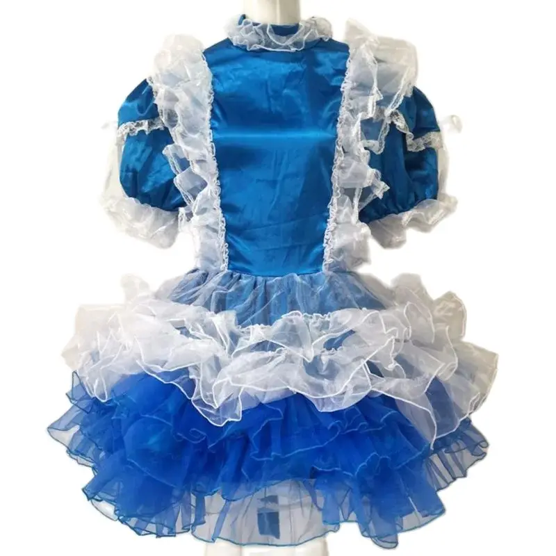 French Sexy Adult Customized Fetishist Crossdressing Sissy Blue Satin Patched Transparent Sheer Shoulder Fluffy Dress