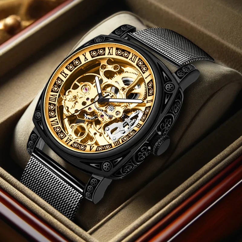 

Мужские стильные и модные спортивные механические часы с черным корпусом, сетчатым ремешком и пятиугольным звездным дизайном.