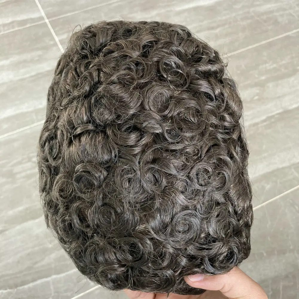 PU dasar kulit penuh 20mm rambut manusia keriting Toupee untuk pria garis rambut alami Unit sistem pengganti prostesis rambut pria