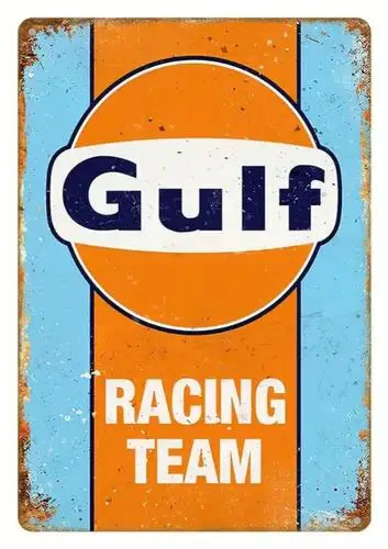 Gulf Oil Racing Team Neuartiges Metallschild als Wandkunst