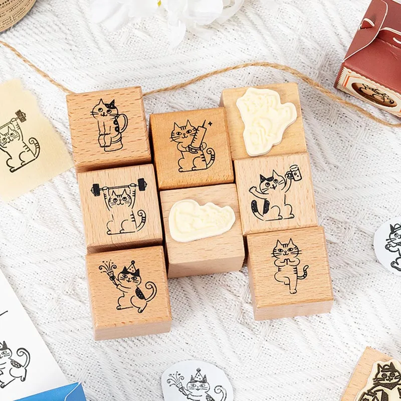 8pcs/lot Creative Cat Wooden Stamp Kawaii DIY Reward Seal For Kids Stationery Gift Office School Supplies