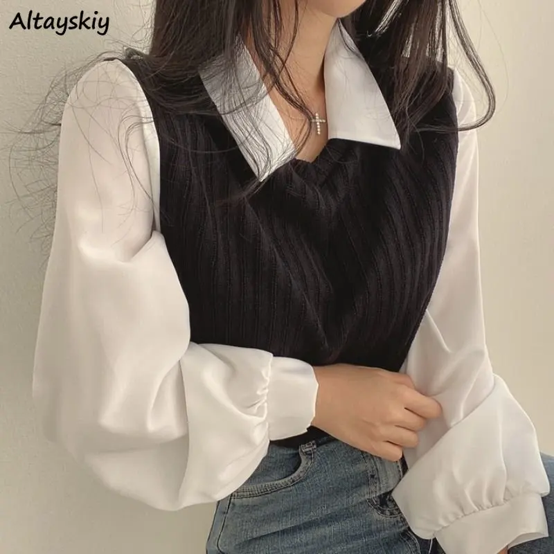 Spring Blouses Women Retro Fake Two Piece French Style Chic Long Sleeve Ladies Tops All-match Knitted OL Blusas Mujer Cozy Fall