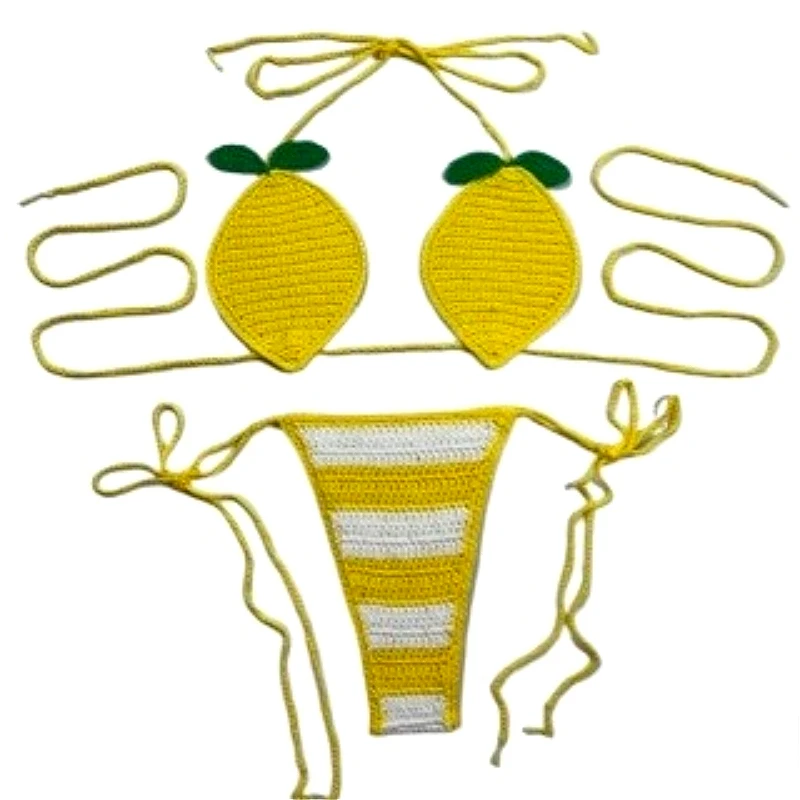 Handgewebter Obst-Badeanzug für Damen, sexy Bikini-Set, Zitrone, Wassermelone, verstellbare Bandage, geteilte Badebekleidung, weiblicher Badeanzug, Strandmode