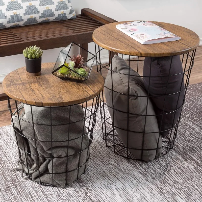 End Tables Set of 2 - Nesting Tables with Removable Wood Tops and Metal Basket Bases for Blanket Storage - Round Side Tables