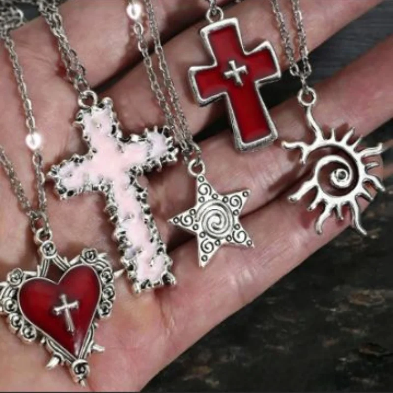 5Pcs Gothic necklace set in red, pink, imitation enamel cross, spiral sun star pendant, silver chain, women's aesthetic jewelry