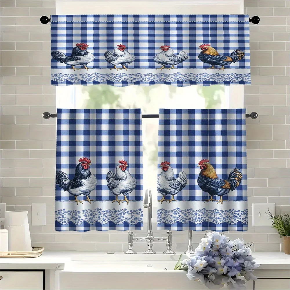 VIKAMA Blue Gingham Buffalo Check Kitchen Curtain, Rooster Print, Tier Curtain & Valance with Rod Pocket for Farmhouse Decor