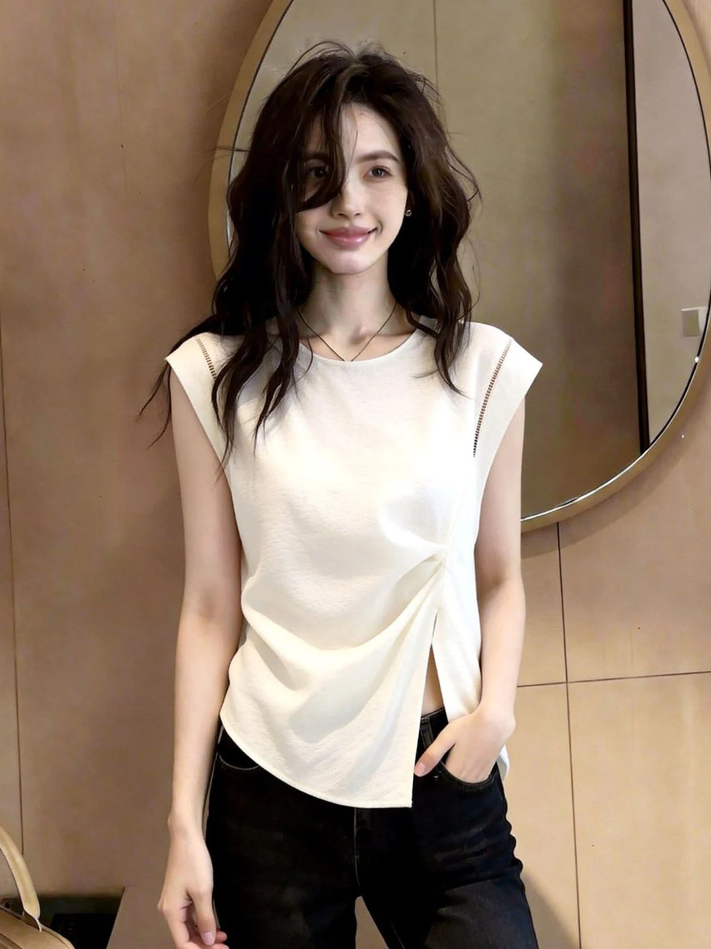 

Elegant Color Summer T-Shirt Women's Casual Style round Neck Pullover Top Versatile Slimming Straight Cut Commute Fashion
