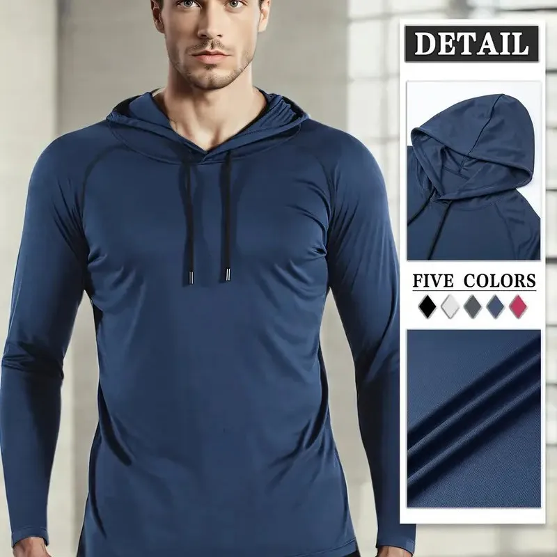 Men's Autumn and Winter Sports Hooded Moisture-absorbing  Gym Clothes, Tops, Slim-fitting Running Training, Long Sleeves