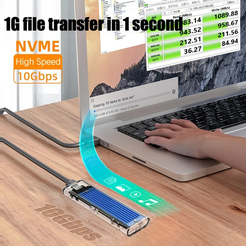 M.2 NVMe PCIe NGFF SATA デュアルプロトコル SSDケース クリア USB Type-C 10Gbps PCI-E 透明 8TB 最大 外付けエンクロージャ ハードディスクボックス