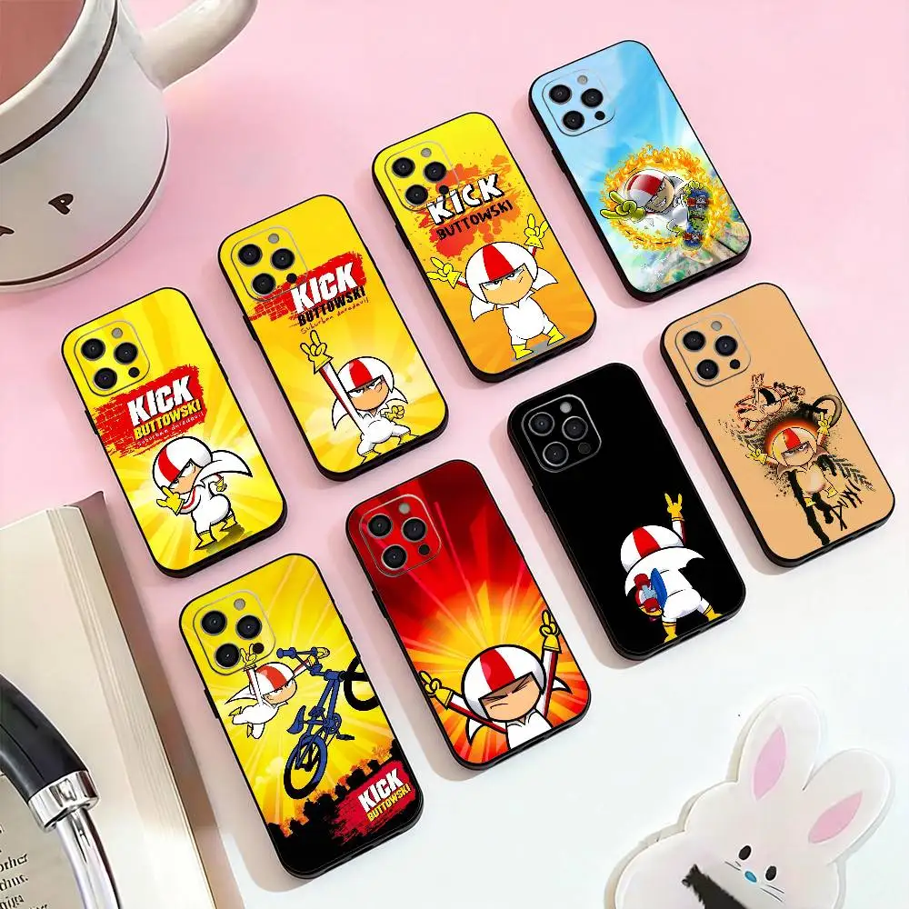 Capa de Silicone Macia Kick Cartoon Buttowski para iPhone 17, 16, 15, 14, 13, 12, 11 Plus, Pro, Max, XS