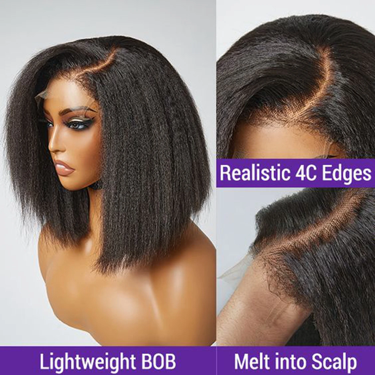 Kinky Straight Bob Wig Natural Human Hair Wig Pre Plucked with Baby Hair 13x4 Lace Frontal Wigs for Black Women Colored Bob Wig