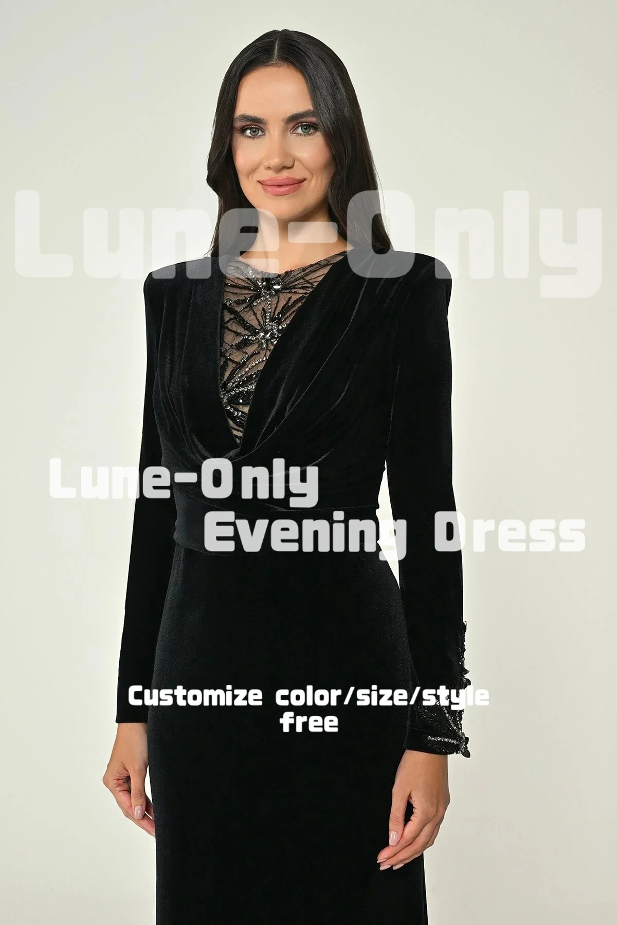 カスタマイズされた黒のベルベット長袖ビーズ付き高級イブニングドレス床丈エレガントなパーティードレスプロムフォーマルドレス