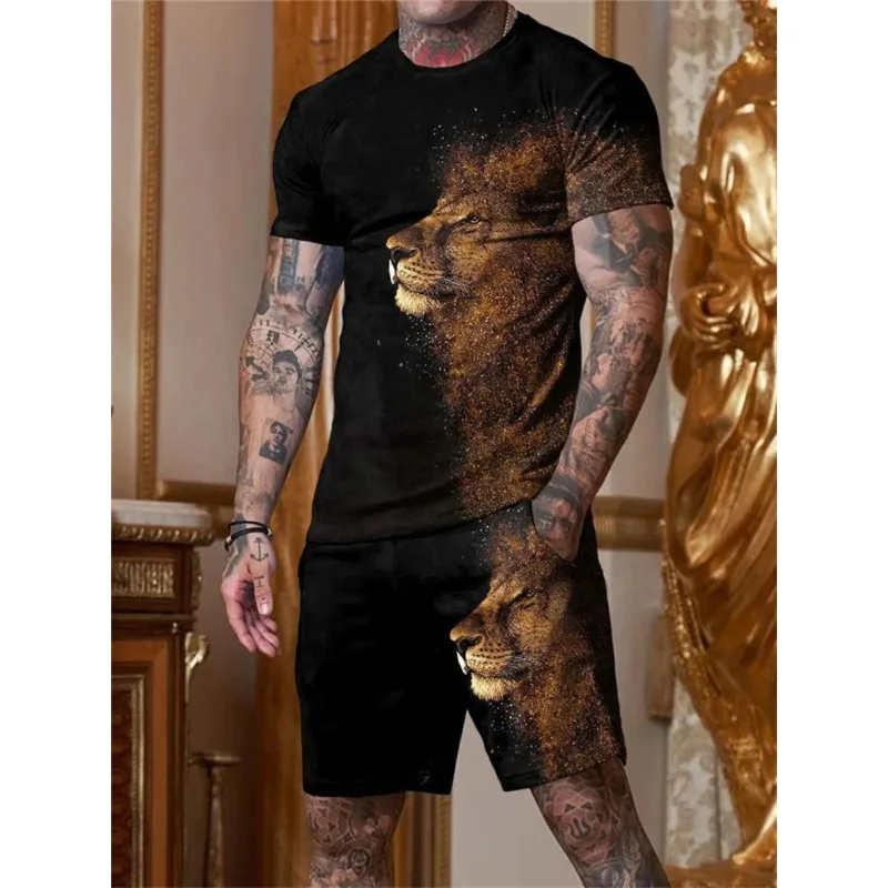 2025 Men's Summer 3D Printed T-shirt and Shorts Set Daily Casual Sports Round Neck Polyester Fiber Material