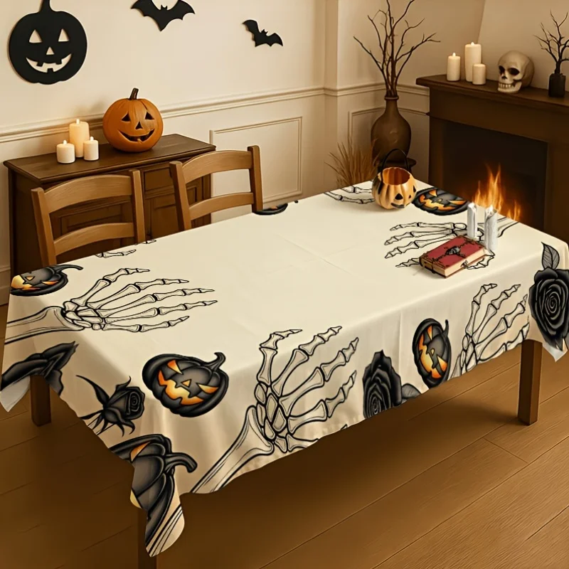 One Halloween skull-handled pumpkin rose tablecloth decoration, polyester rectangular tableclothzyc