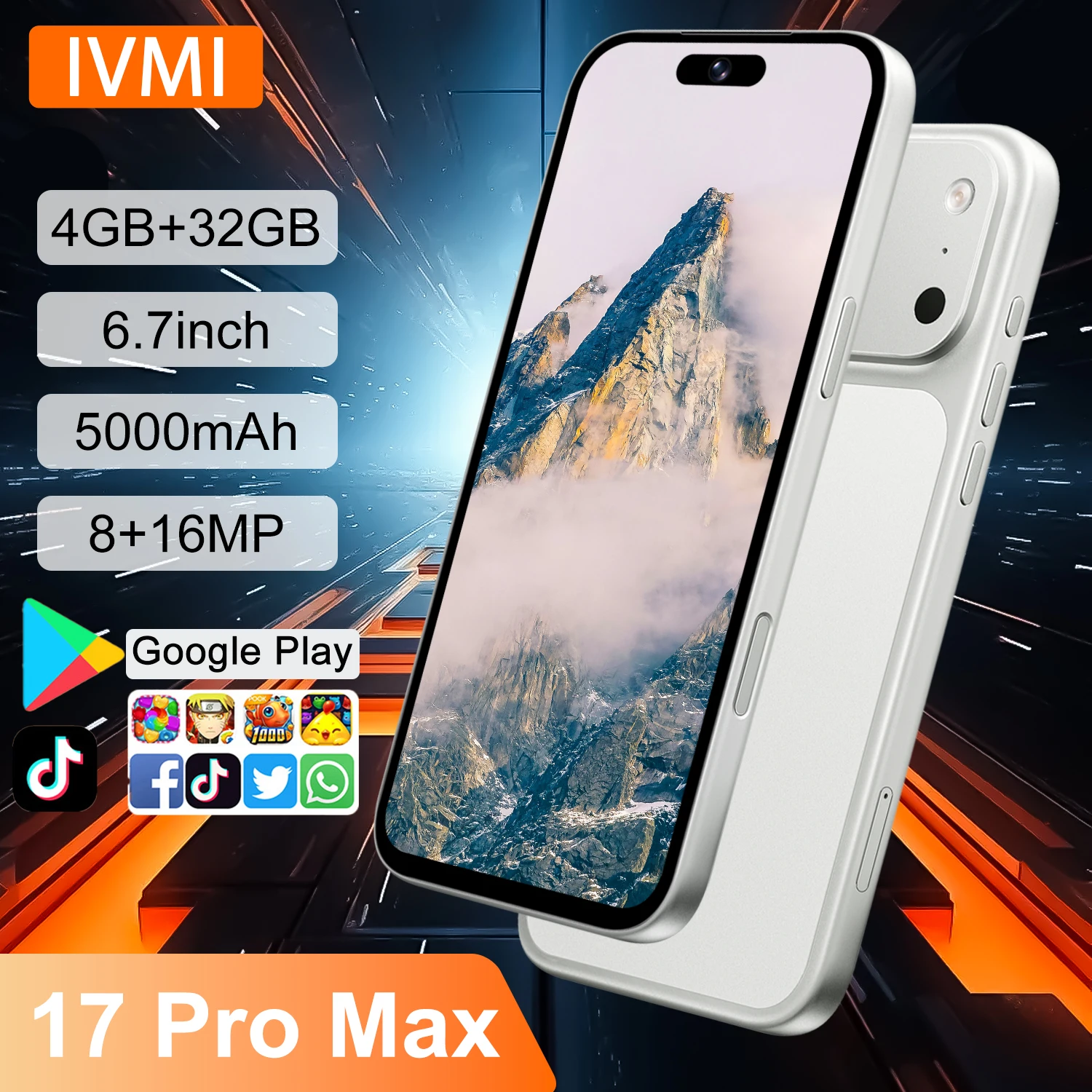 IVMI Global Vision 17Pro Max Android12.0 Smartphone 4GB RAM 32GB ROM 8+16MP Fingerprint Face ID 4G Network Mobile Phones