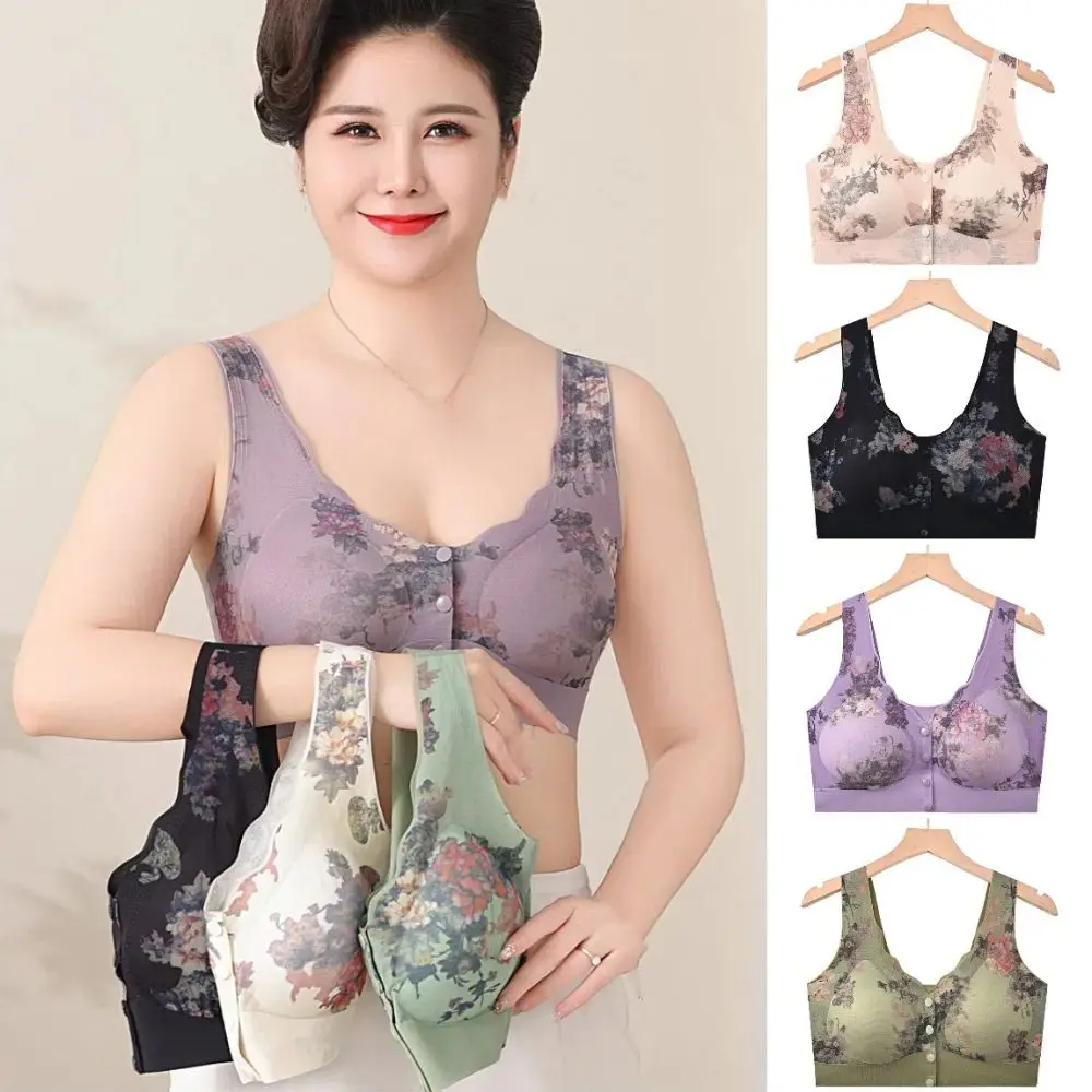 

Floral Mother's Wireless Bra Front Buckle Large Size Seamless Underwear Gathered Breasts Close-fitting Push Up Bra for Women