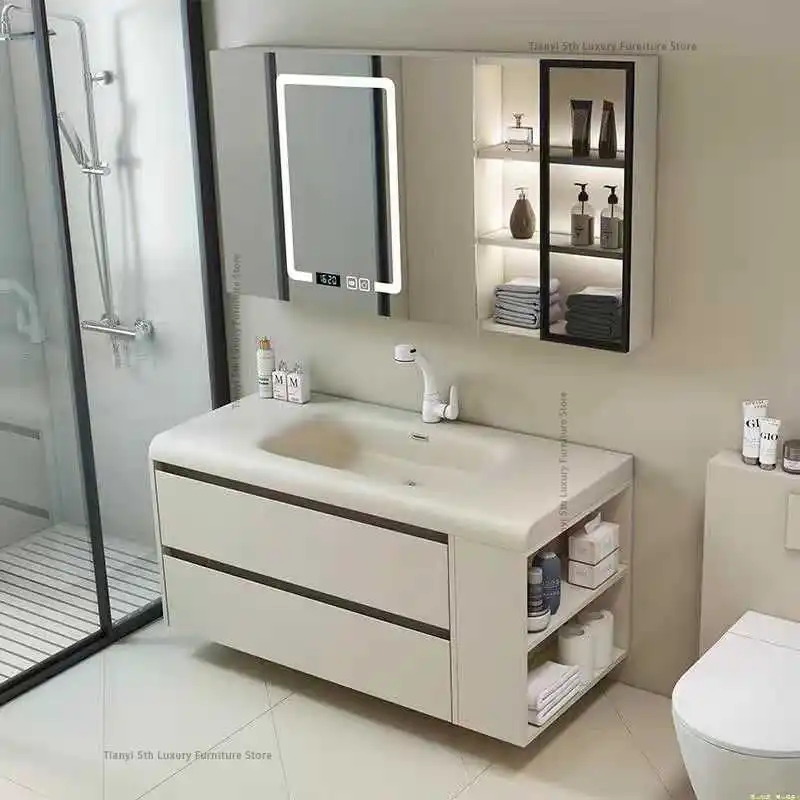 Mueble De baño italiano Simple De madera maciza, Combo De lavabo nórdico, estantes De espejo para baño, Muebles De Baño FYBC