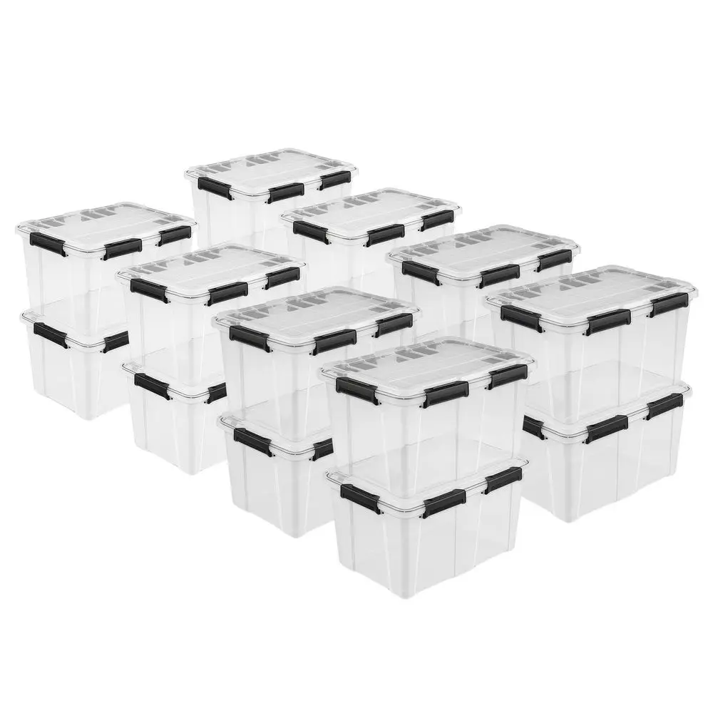 

16 Pack 54 Qt Gasket Box, Clear Stackable Plastic Storage Container with Lids, Black Waterproof and Dustproof Tote for Home Org
