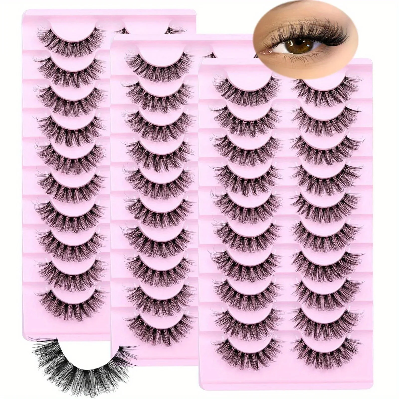 30Pairs 3-Pack  Fluffy False Eyelashes Wispy Lashes 3D Volume Strip Lashes D Curl Fake Eyelashes with Clear Band Eye Lashes