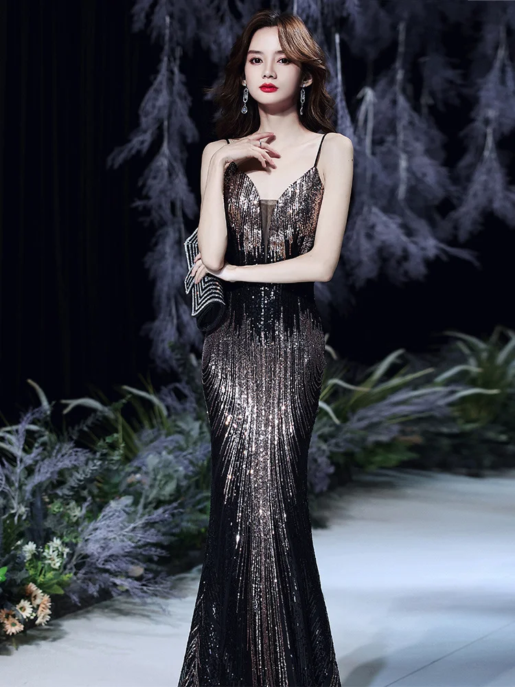 Evening Dresses for Women 2023 New Light Luxury Small Group High End Banquet Host Temperament Celebrity Black Strap Fishtail