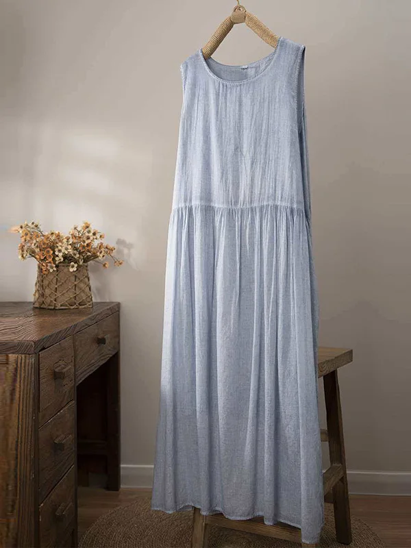 

Новое женское хлопково-льняное платье миди с круглым вырезом, свободного кроя, комфортное, летнее, повседневное, А-силуэт, 2026 год