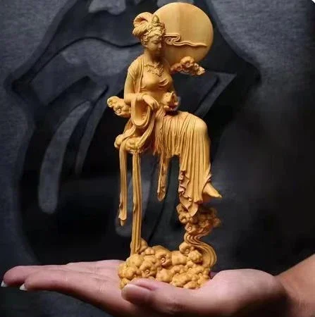 

Natural Solid Wood Chang'e Fairy Characters Statue, Hand-carved Mythology Jade Rabbit Lmmortal HomeRoomOffice Decoration Artwork