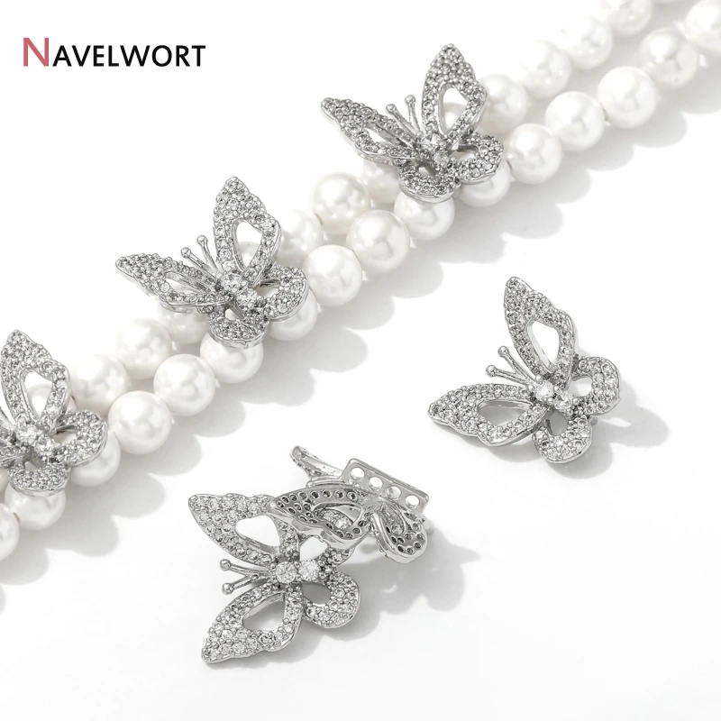 Rhodium Plated Brass With Zircon Butterfly Bead Separator For Pearl Necklace Making Findings,DIY Accessories,Separator For Beads