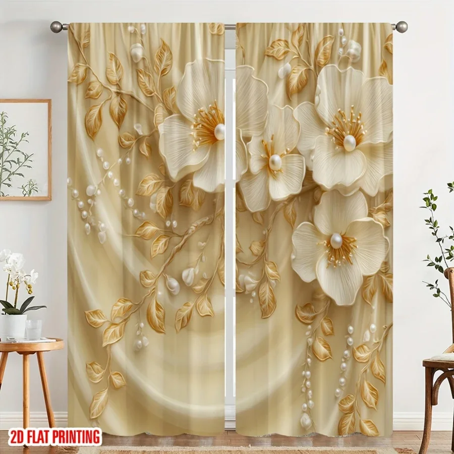 2PCS Digital Printed Curtains, Pearl Charm Flower Vine Pattern, Stylish Window Treatment for Living Room Bedroom Decor
