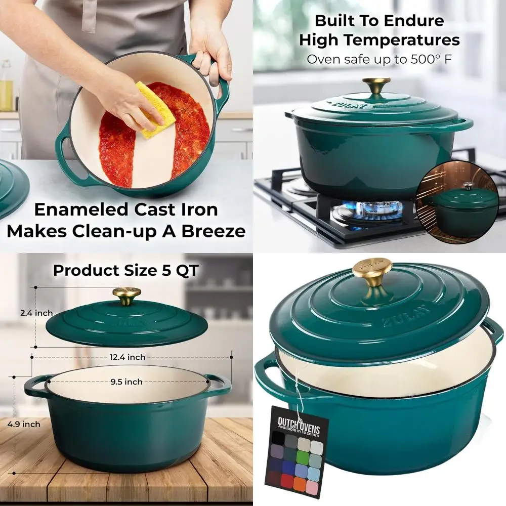 

Enameled Cast Iron Dutch Oven, 5 Quart, Oven-Safe to 500°F, Ideal for Baking, Stews, Braising, and Roasting in Emerald