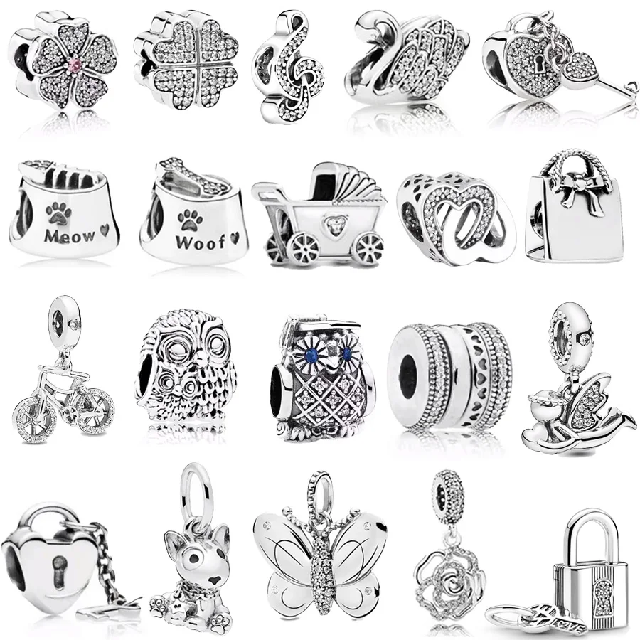 New 100% Real Dogs Owls Butterflies & Clover Charms Beads Fit Original Pandora 925 Sterling Silver Bracelet DIY Woman Jewelry