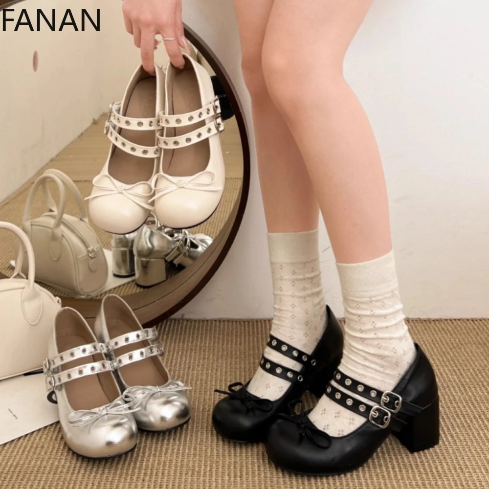 

2025 New JK Lolita Mary Jane Women's Shoes Silver Bow High Heel Leather Ballet Shoes Summer Casual Belt Buckle Sandals Pumps