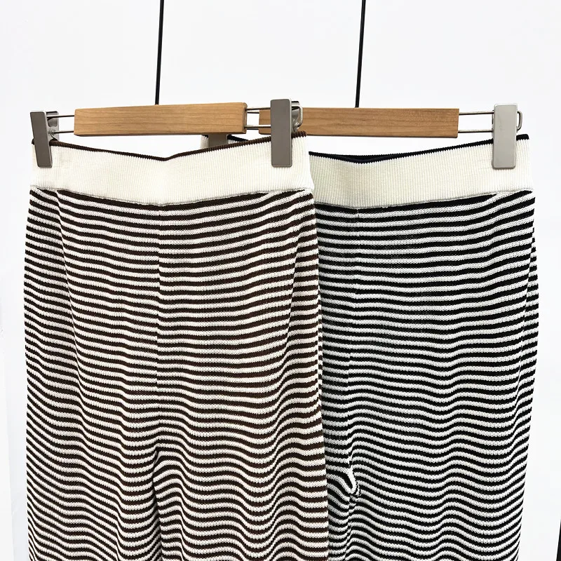 

2025 женские новые повседневные брюки с высокой талией в полоску, прямые льняные трикотажные брюки