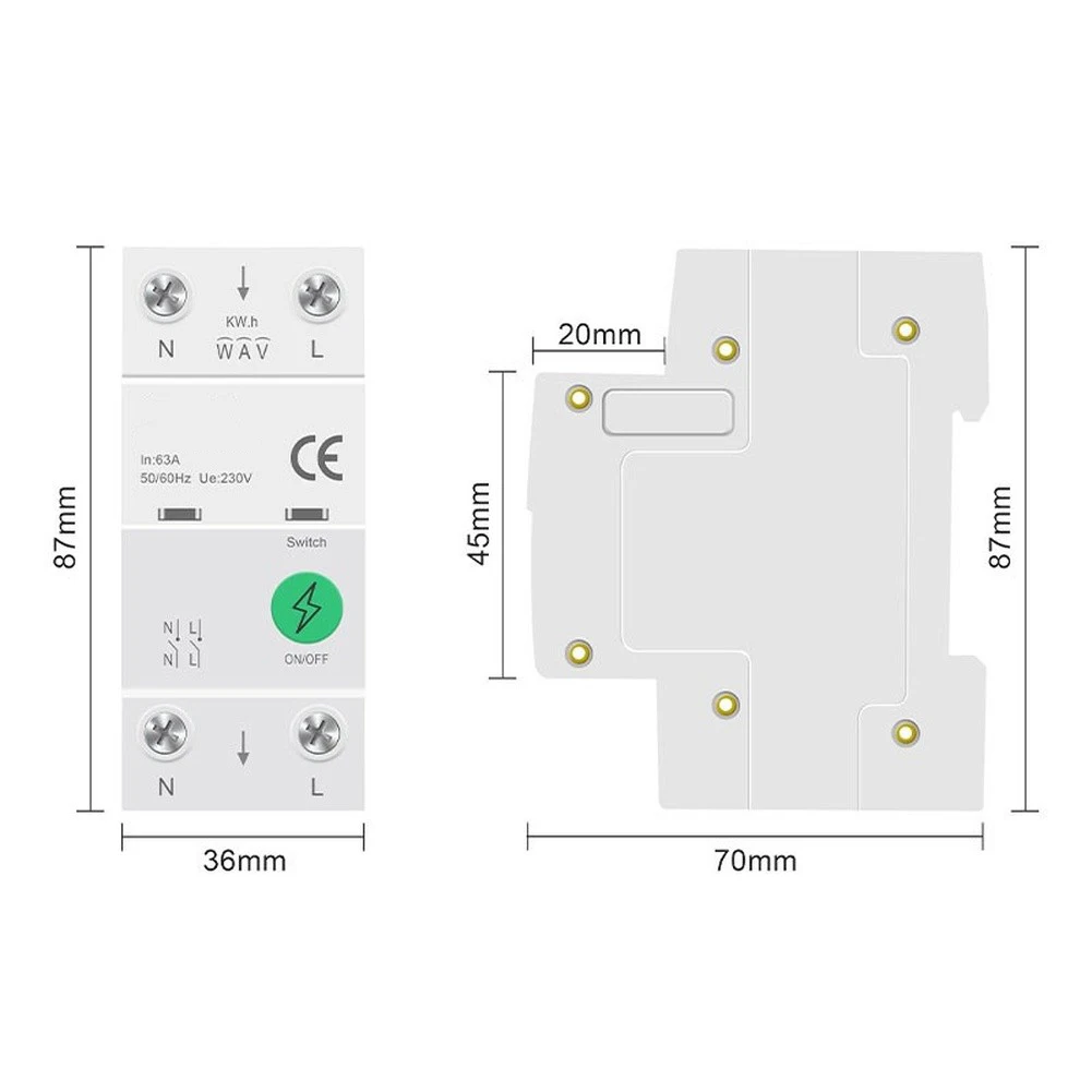 1pc WIFI For Smart Switch 2P For Circuit Breaker 63A Wireless Remote Control With Energy Monitoring  Overload Protection