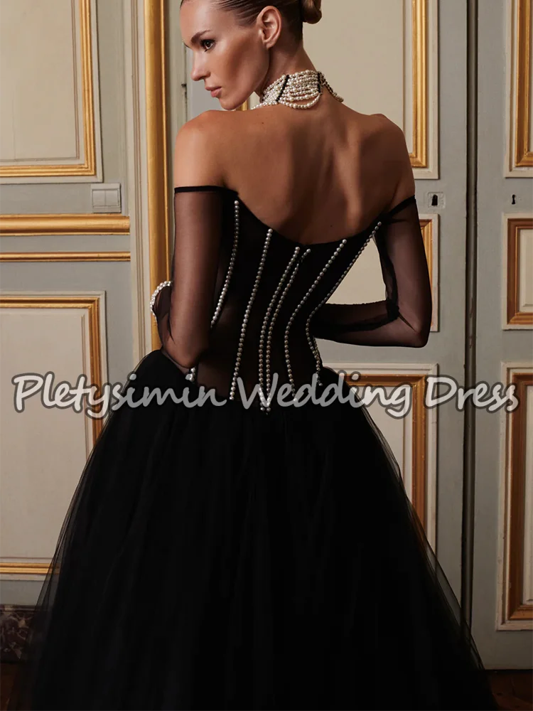 Vestidos De Novia góticos negros con hombros descubiertos, Vestido De Novia De corte en A De tul con corsé De perlas, Vestido De Novia transparente De manga larga personalizado