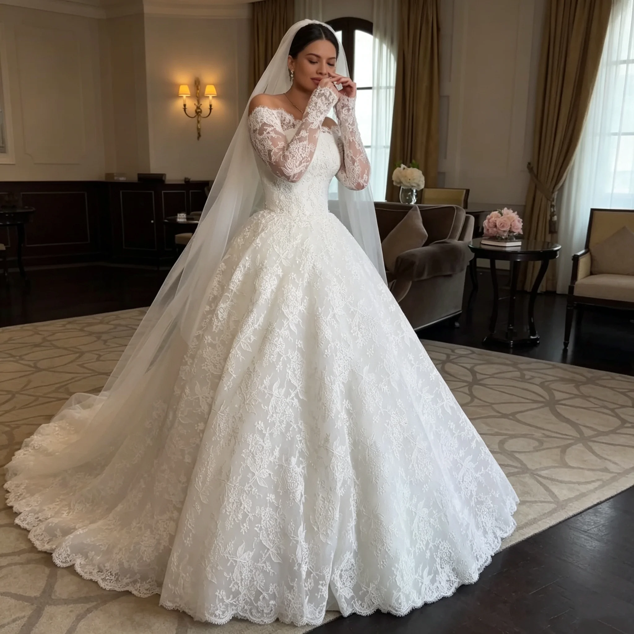 Luxury Ball Gown Wedding Dress Lace Appliques Vestidos De Novia Royal Court Style Bridal Dress with Court Train Customized