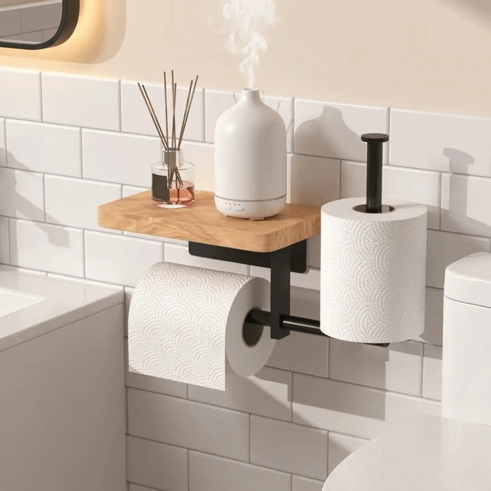 

Iron Toilet Paper Holder No-drill Wall Mounted Roll Paper Holder Tiered Design with Wooden Shelf Aromatherapy Storage Rack