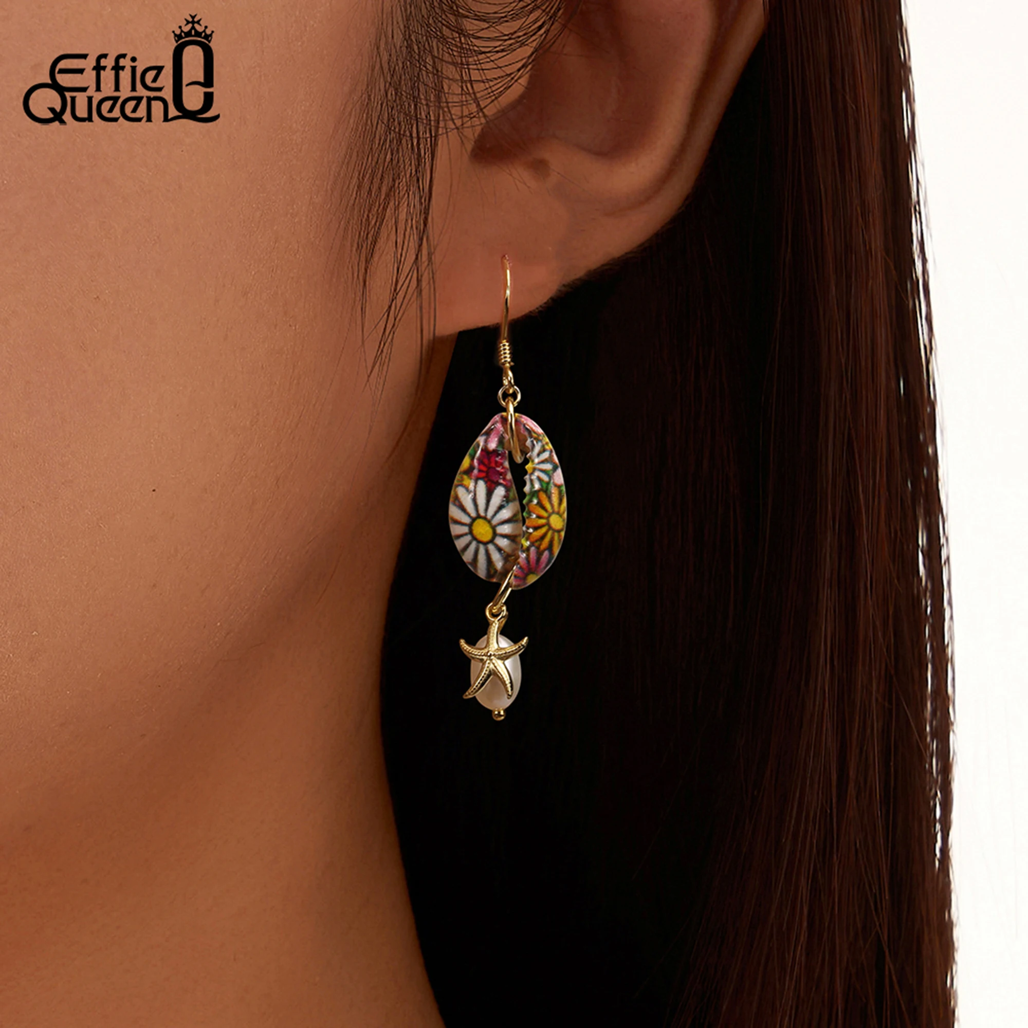 

Effie Queen Natural Freshwater Pearls With Starfish Style & Floral Pattern Ornament 925 Sterling Silver Dangle Earrings GPE117