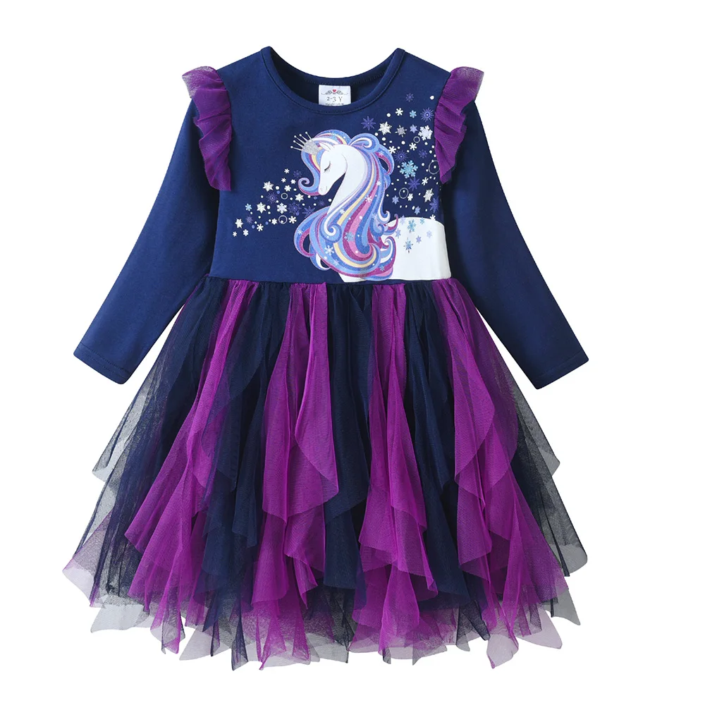 Toddlers Princess Dress Kids Purple Navy Blue Ruffled Sleeve Party Vestidos Kids Licorne Tiered Irregular Tulle Mesh Tutu Dress