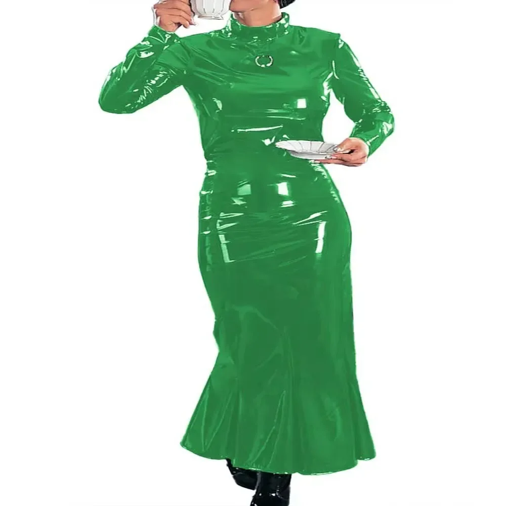 Half High Neck Long Sleeve  Ankle-length  Fishtail Long Dresses Plus Size Wetlook PVC Leather Elegant Ladies Banquet Venue Gown