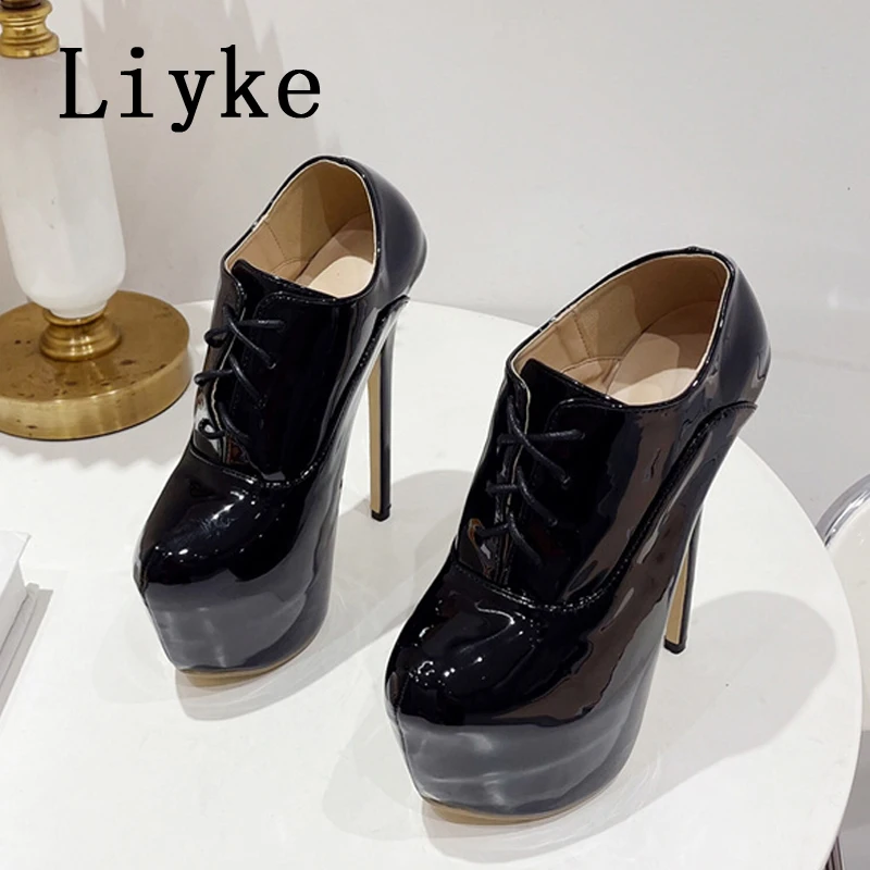 Liyke Fashion Patent Leather Platform Pumps Women Cross Lace Up Round Toe Extreme High Heels Stripper Pole Dance Shoes Size 42