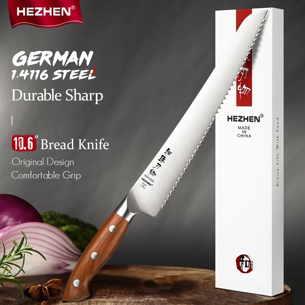 

HEZHEN 10.6 Inch Bread Knife German 1.4116 Stainless Steel Japanese watermelon Knife Cake Kitchen Knives Sharp Tools