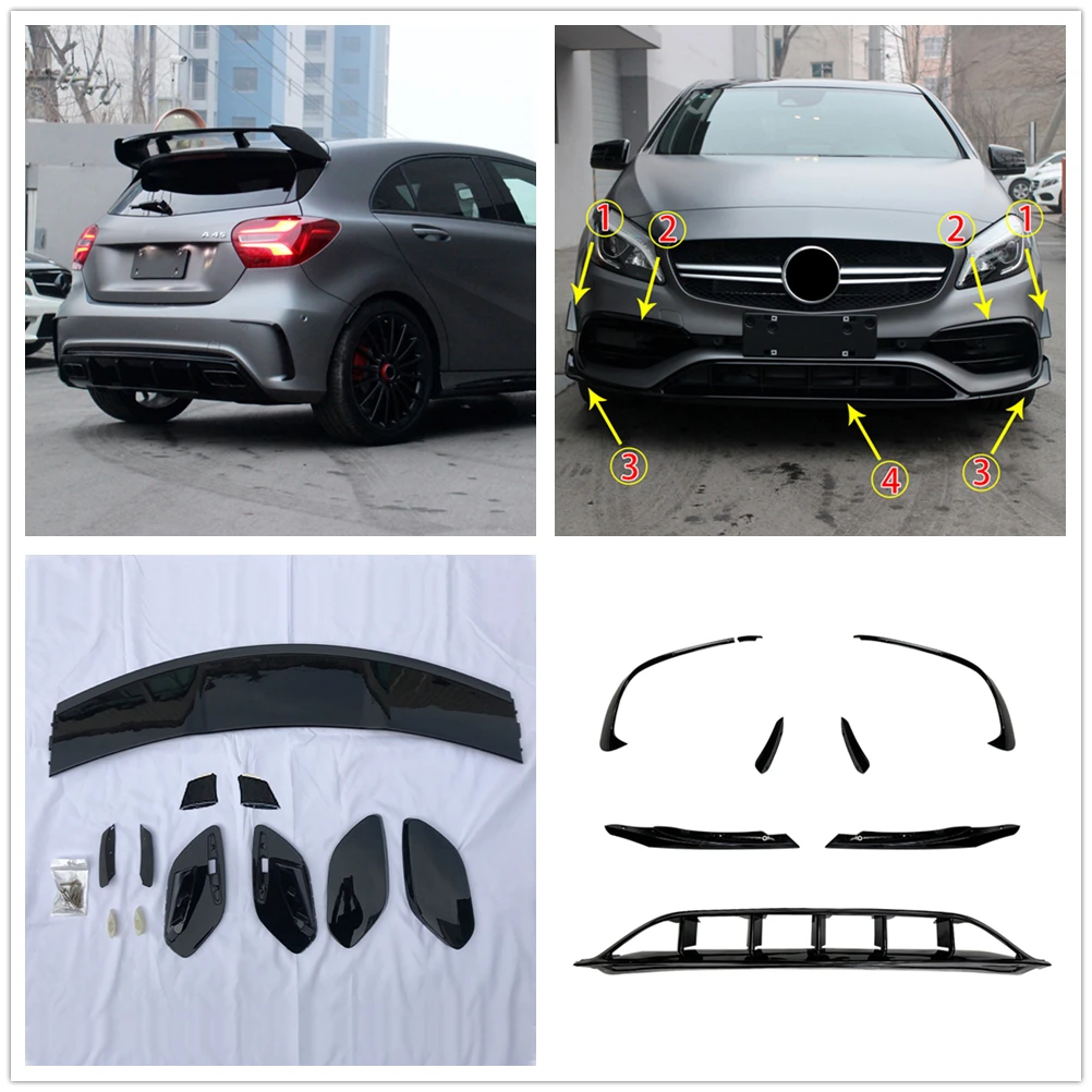 Car Front Bumper Splitter Air Vent Trim & Rear Trunk Spoiler Roof Wing For Mercedes Benz A Class W176 A45 AMG Sport 2016-2018