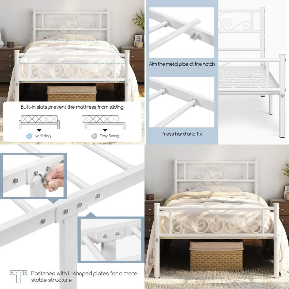 Twin Metal Platform Bed Frame with Headboard, Footboard, No Box Spring, Easy Assembly, 12.6 Under-Bed Storage, White