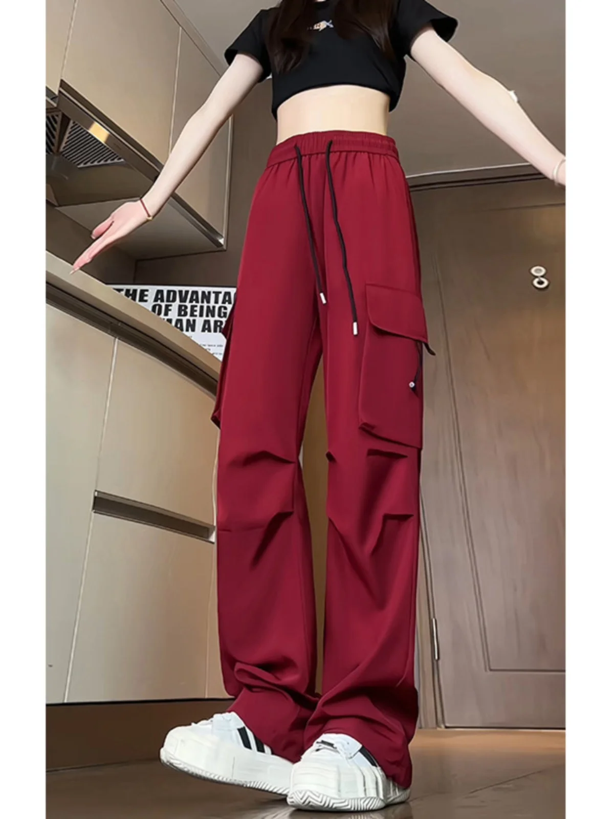 

American Hiphop Men's Summer Red Paratrooper Workwear Pants Ice Silk Qui Dry Folded Parachute Pants Loose Fit Youthful Sle