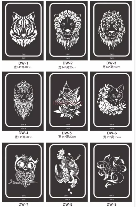 Tattoo template animal wolf, crane, nine tailed fox, cat, lion, eagle spray painted hollow out large image