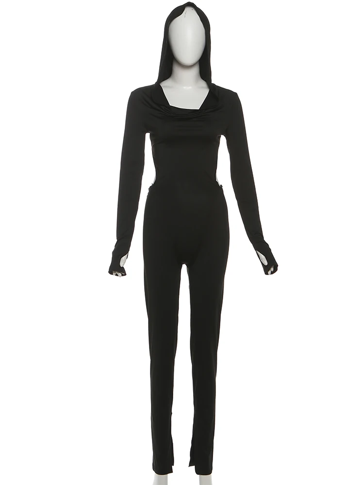 Sisterlinda Tuta sexy con cappuccio Donna Backless Fitness Senza vita Stretch Skinny Attività di mezzanotte Allenamento Tuta streetwear