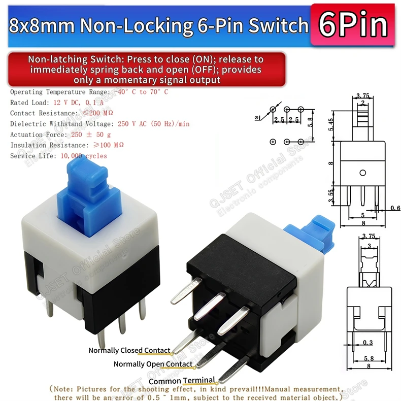 10 Stück 5,8x5,8 7x7 8x8 8,5x8,5mm Selbstverriegelnde/Nicht-verriegelnde Reset-/Multimeter-Taster, Taktiler Mikroschalter, 3/6-Pin Drucktastenschalter – Detail 21